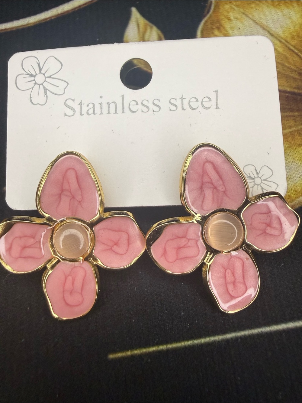 Stainless Steel Pink Floral Stud Earrings
